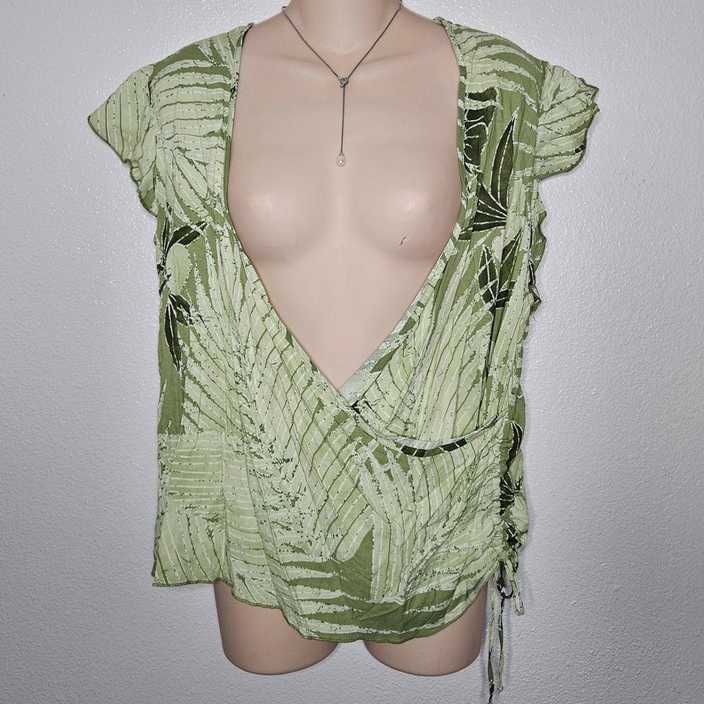Jams World Womens Green‎ Tropical Palm Print Wrap Open Front Side Tie Top